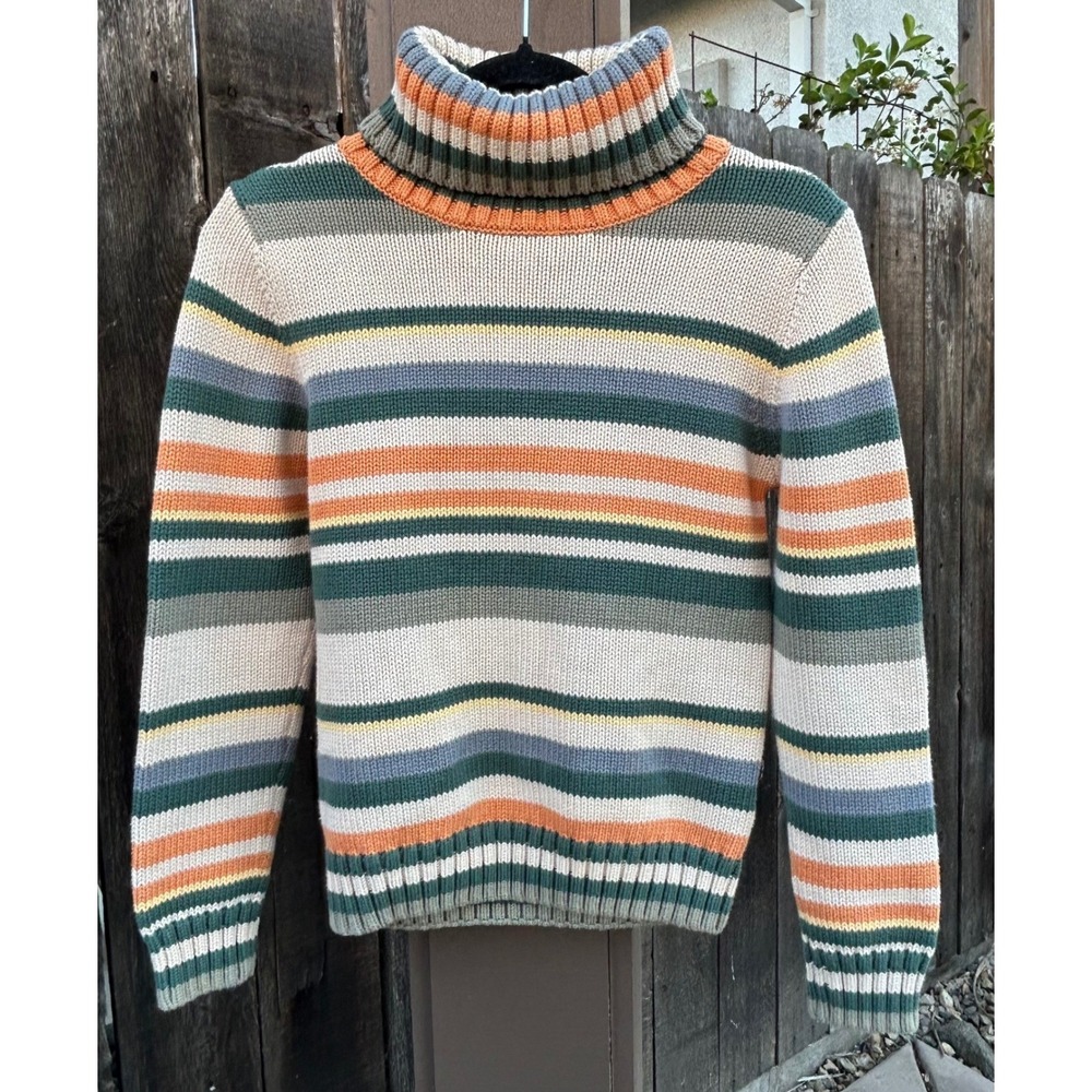YISHION Womens M Striped Turtleneck Sweater Cotton Knit Green Orange